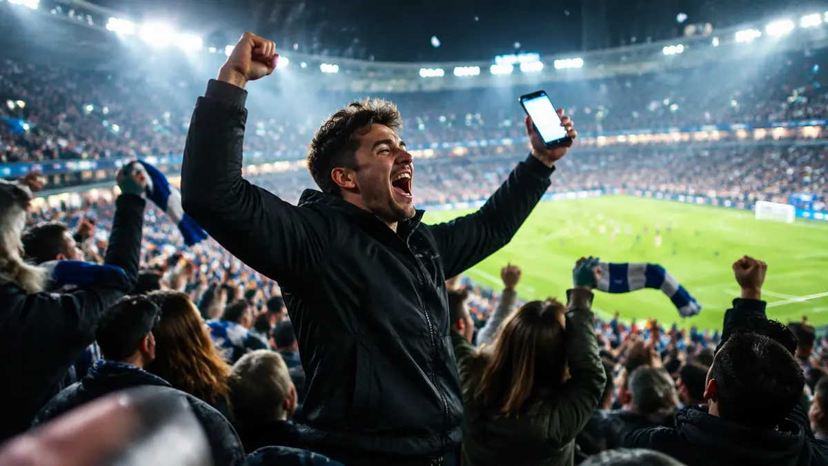 Fanoušek na nočním stadionu vyskakuje se zdviženýma rukama a mobilem v ruce, kolem něj slaví dav (ilustrační fotografie).