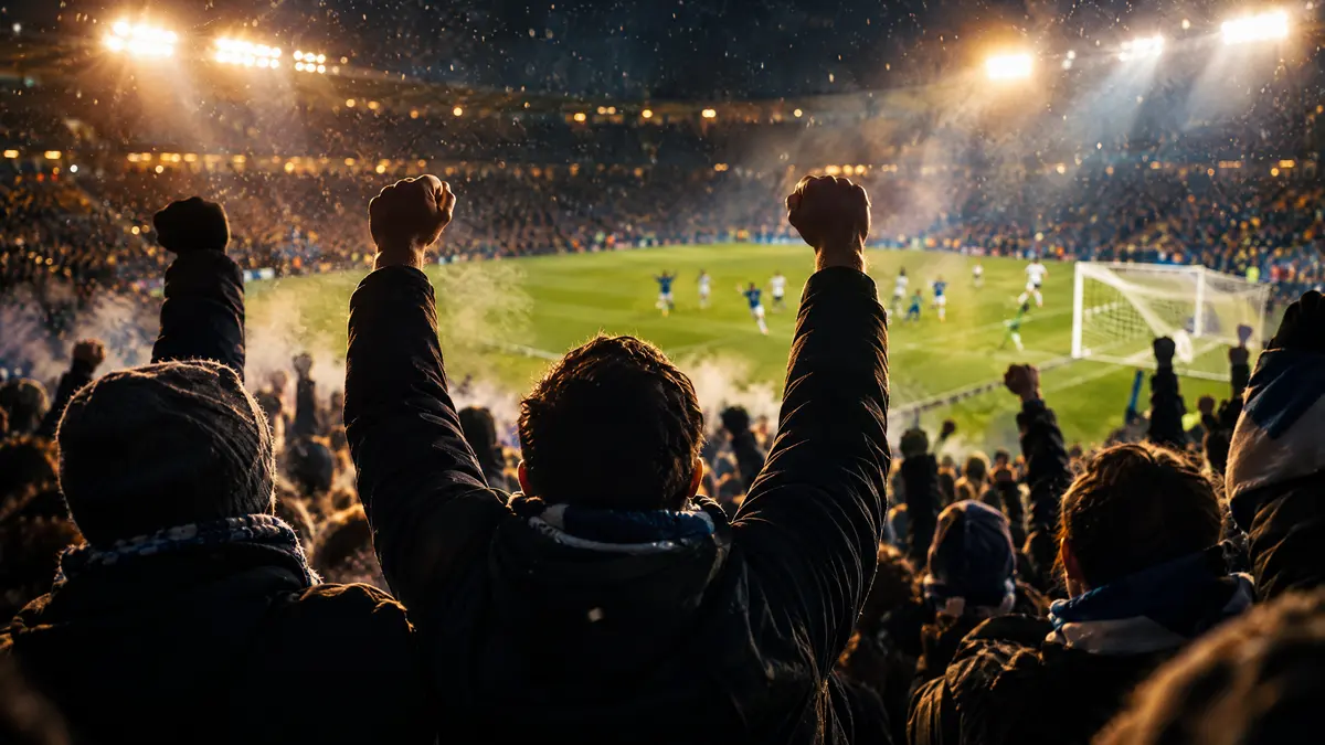 Fanoušci na plném stadionu při pohledu zezadu slaví se zdviženýma rukama, před nimi osvětlené hřiště (ilustrační fotografie).