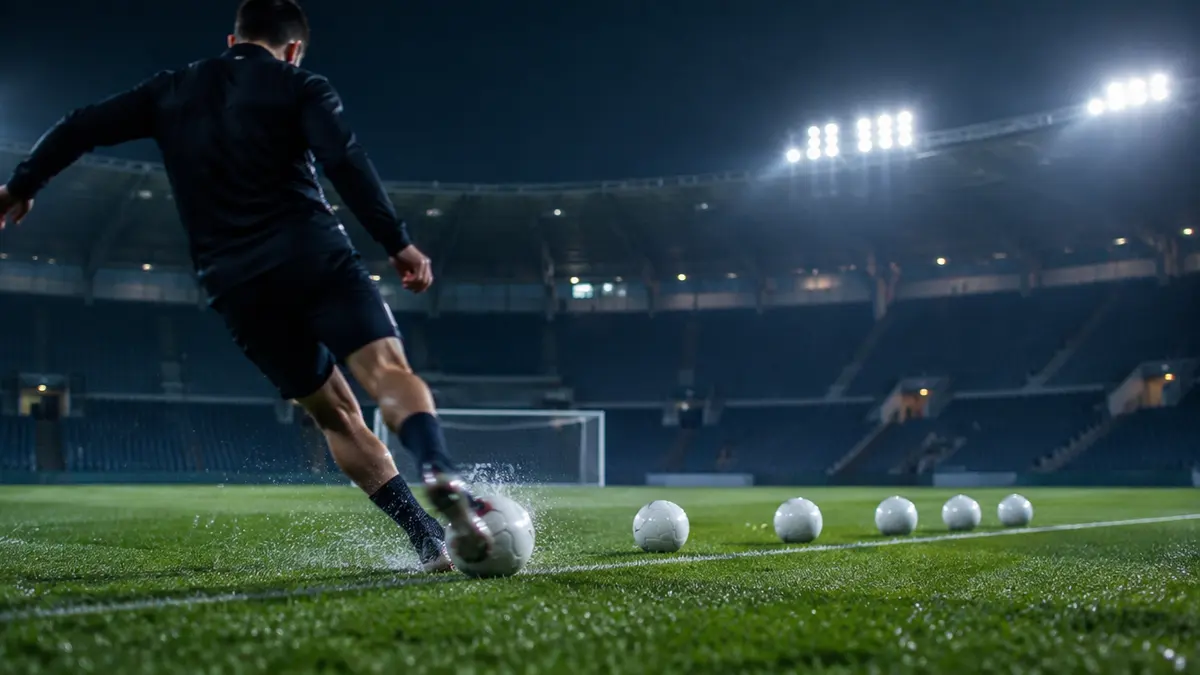 Futbalista pri pohľade zozadu kope prvú z rady rovnakých lôpt zoradených v pravidelných rozostupoch na mokrom trávniku, nočný tréning pod reflektormi (ilustračná fotografia).