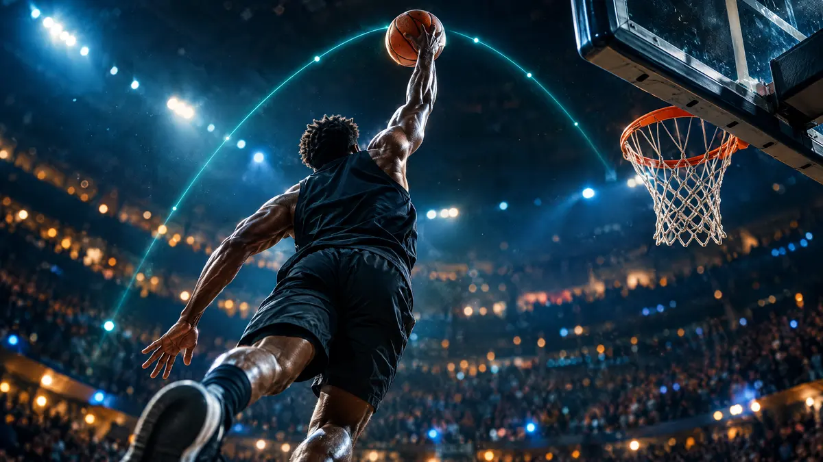 Basketbalista při smeči při pohledu zezadu, za míčem světelný oblouk naznačující jeho dráhu (ilustrační fotografie).