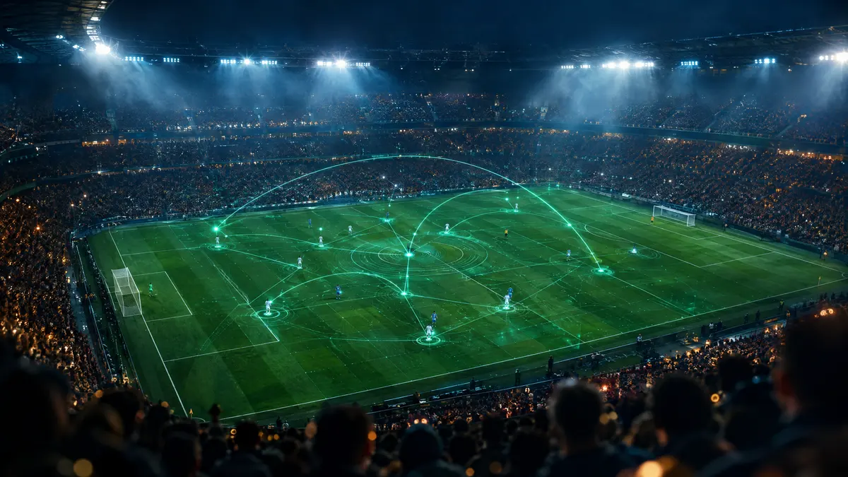 Plný fotbalový stadion v noci z nadhledu, nad hřištěm svítící čáry a body propojující hráče jako živá analýza zápasu (ilustrační fotografie).